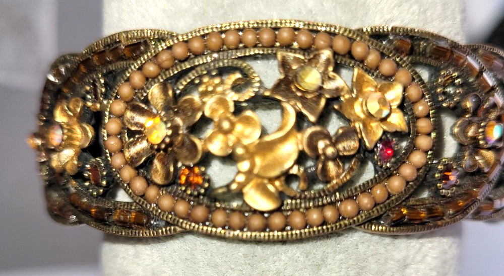 Bronze Clamper Hinged Rhinestones Romantic Goth Metal Fairy Bracelet 7" Wrist
